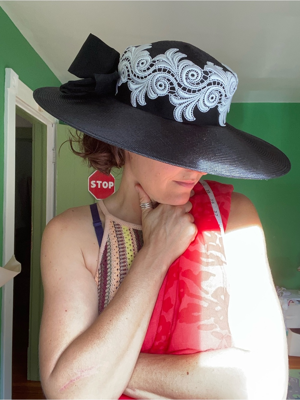 Vintage 60s 70s Frank Olive Private collection Wide-Brim Hat with White Lace